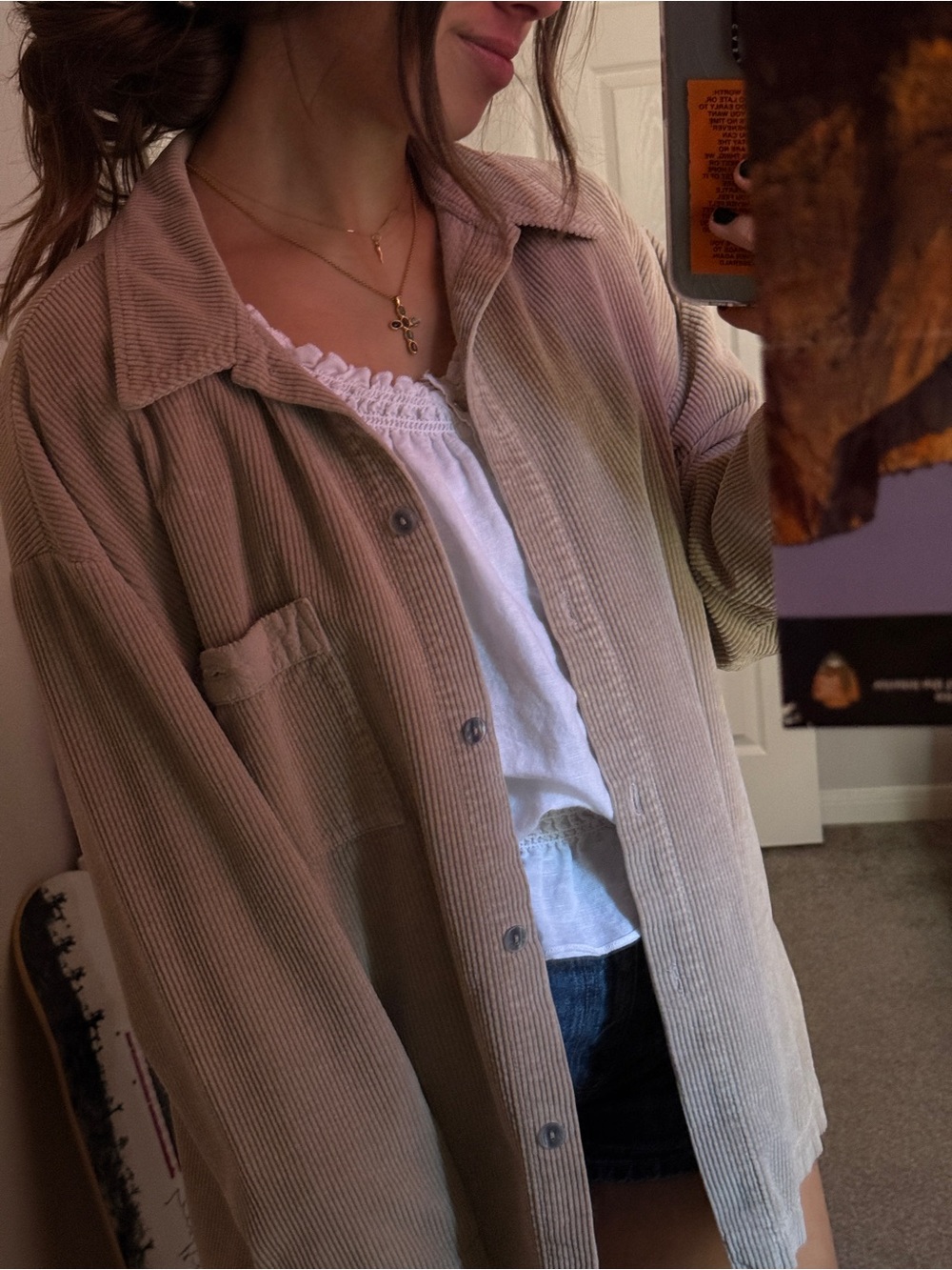 Corduroy Button-Up Shirt Jacket in Beige